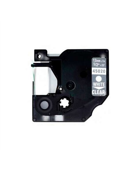 Dymo D1 45020 Ruban d'Étiquette Générique pour Étiqueteuse - Texte blanc sur fond transparent - Largeur 12 mm x 7 mètres - Rempl