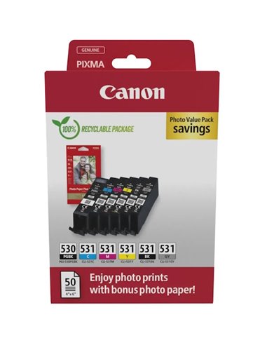 Canon PGI530/CLI531 Pack de 6 Cartouches d'encre + 50 Hojas de Papel Fotografico 10x15cm - 6117C004