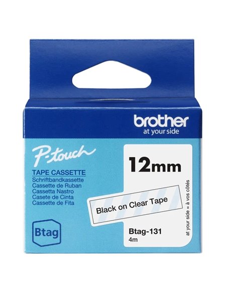 Brother Btag-131 Ruban 12mm - Texte Noir sur fond Transparent - Medidas 12mmx4 Metros - Apta para PTN10