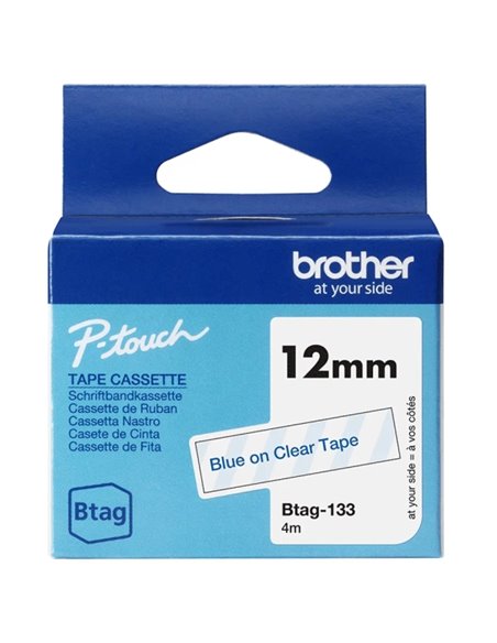 Brother Btag-133 Ruban 12mm - Texte Bleu sur fond Transparent - Medidas 12mmx4 Metros - Apta para PTN10
