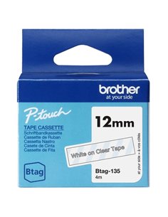 Brother Btag-135 Ruban 12mm - Texte Blanc sur fond Transparent - Medidas 12mmx4 Metros - Apta para PTN10