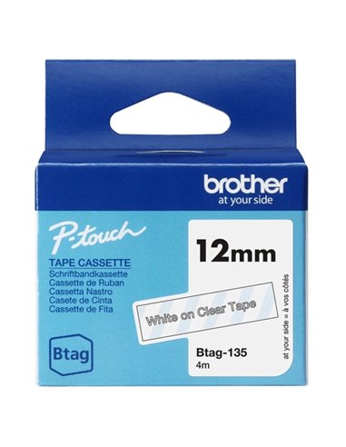 Brother Btag-135 Ruban 12mm - Texte Blanc sur fond Transparent - Medidas 12mmx4 Metros - Apta para PTN10