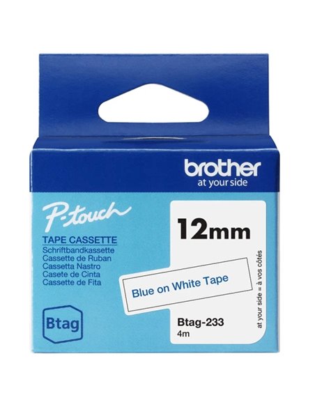 Brother Btag-233 Ruban 12mm - Texte Bleu sur fond Blanc - Medidas 12mmx4 Metros - Apta para PTN10