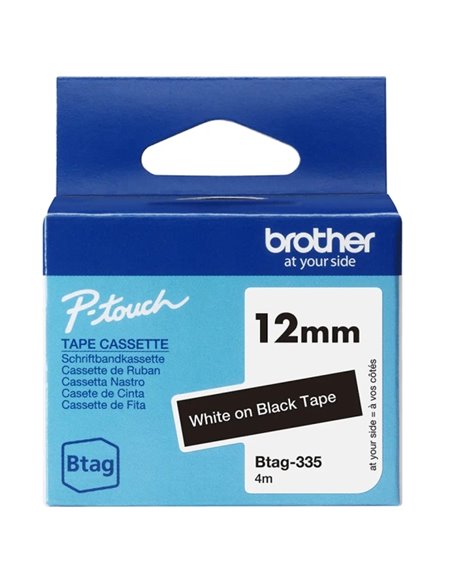Brother Btag-335 Ruban 12mm - Texte Blanc sur fond Noir - Medidas 12mmx4 Metros - Apta para PTN10