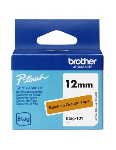 Brother Btag-T31 Ruban 12mm - Texte Noir sur fond Naranja - Medidas 12mmx4 Metros - Apta para PTN10