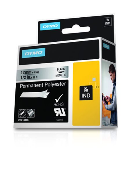 Dymo Rhino ID1-12 Ruban de Etiquetas para Rotuladora - Texte Noir sur fond Plata - largeur 12mm x 5.5 metros - 18486