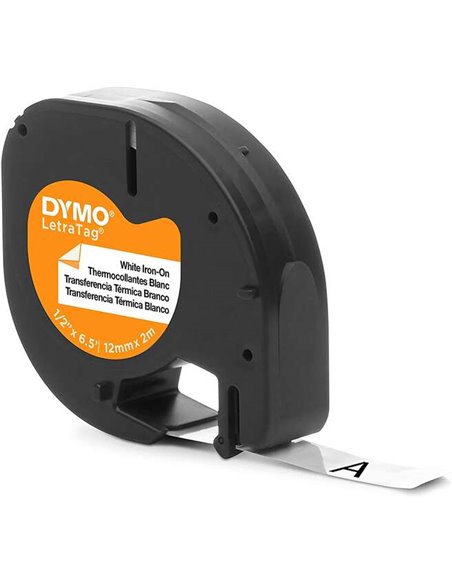 Dymo LetraTag S0718850 Ruban de Etiquetas Textiles de adhesion por plancha para Rotuladora - Texte Noir sur fond Blanc - largeur