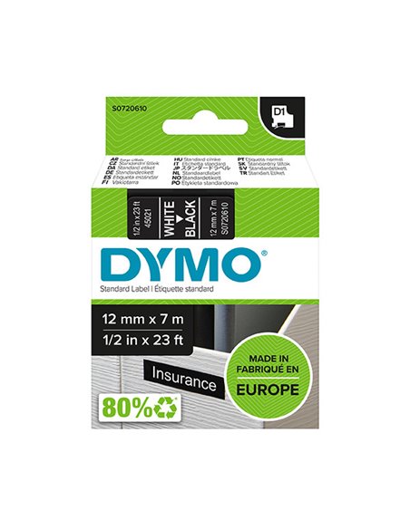 Dymo LM D1 45021 Ruban de Etiquetas para Rotuladora - Texte Blanc sur fond Noir - largeur 12mm x Largo 7m