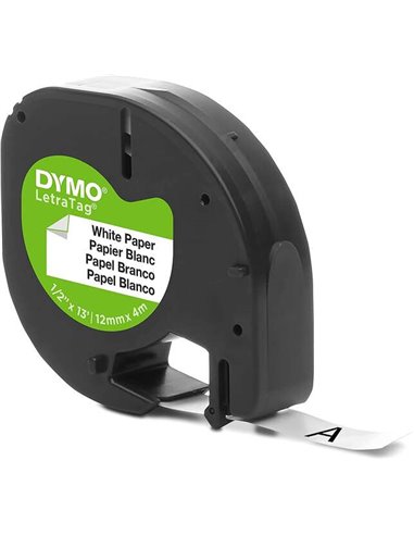 Dymo LetraTag S0721510 Ruban de Etiquetas para Rotuladora - Texte Noir sur fond Blanc - largeur 12mm x 4 metros (91200)