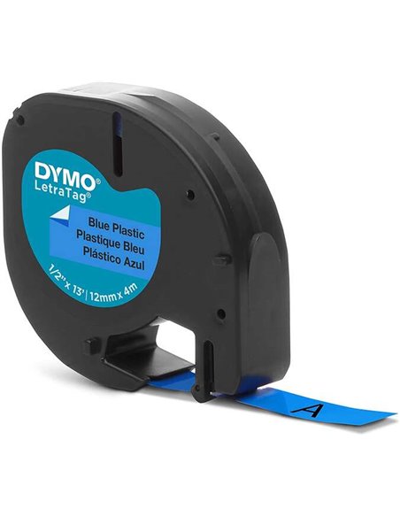 Dymo LetraTag S0721650 Ruban de Etiquetas para Rotuladora - Texte Noir sur fond Bleu - largeur 12mm x 4 metros (91205)