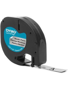 Dymo LetraTag S0721730 Ruban de Etiquetas para Rotuladora - Texte Noir sur fond metalico - largeur 12mm x 4 metros (91208)