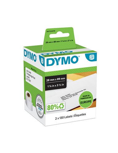 Dymo 99010 Pack de 2 Rouleaux d'étiquettes pour étiqueteuse - 130 Étiquettes par Rouleau - dimensions 28mm x 89mm - Couleur Blan