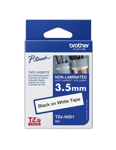 Brother TZEN201 Ruban No Laminada - texte noir sur fond blanc - Largeur 3.5mm x 8 Mètres
