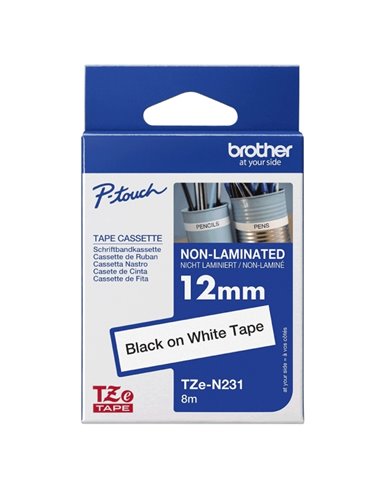 Brother TZEN231 Ruban No Laminada - texte noir sur fond blanc - Largeur 12mm x 8 Mètres