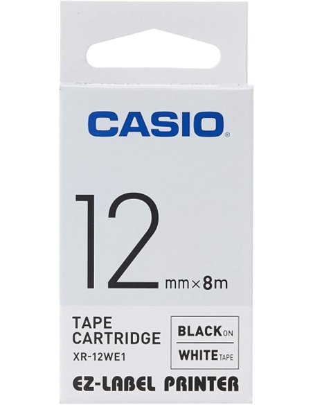 Casio XR-12WE Ruban d'étiquettes pour étiqueteuse - texte noir sur fond blanc - Largeur 12mm x Longueur 8m