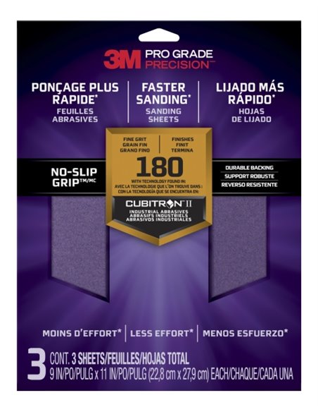 3M Pro Grade Precision Pack de 3 Feuilles de Lijado - Grano 180 Fino - 22.8x27.9cm - Rendimiento Supérieur - Reduccion de Fatiga