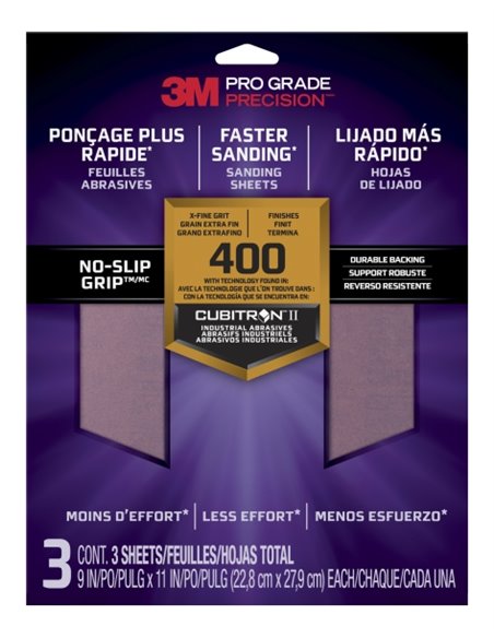 3M Pro Grade Precision Pack de 3 Feuilles de Lijado - Grano 400 Extrafino - 22.8x27.9cm - Rendimiento Supérieur - Reduccion de F