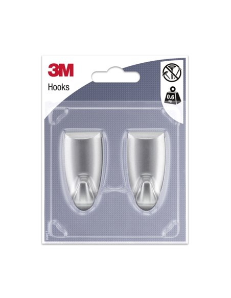 3M Pack de 2 Ganchos Adhesivos Modernos - Format M - Supporte jusqu'à 0.6kg - Couleur Gris Métallisé
