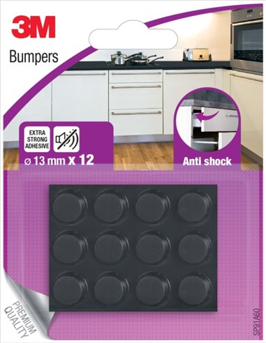 3M Pack de 12 Almohadillas Adhesivas Antichoque - 13mm de Diametro - Couleur Noir