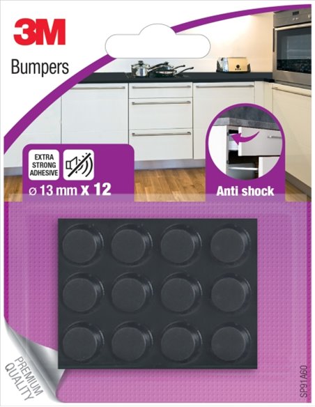 3M Pack de 12 Almohadillas Adhesivas Antichoque - 13mm de Diametro - Couleur Noir
