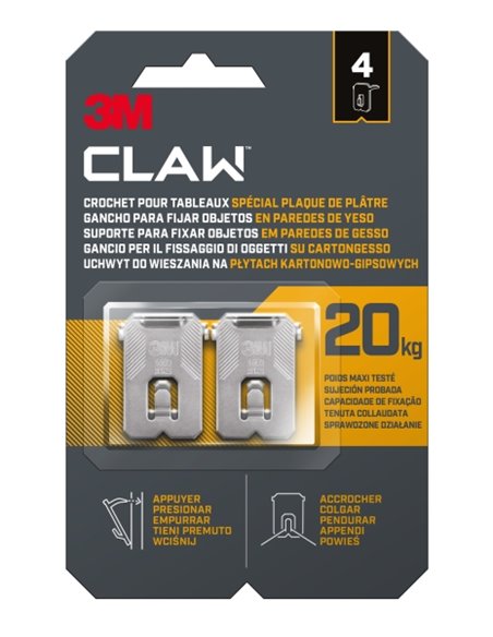 3M Claw Pack de 4 Ganchos de Metal Pour Paredes de Yeso - Supporte jusqu'à 20kg - Couleur Gris/Titanio