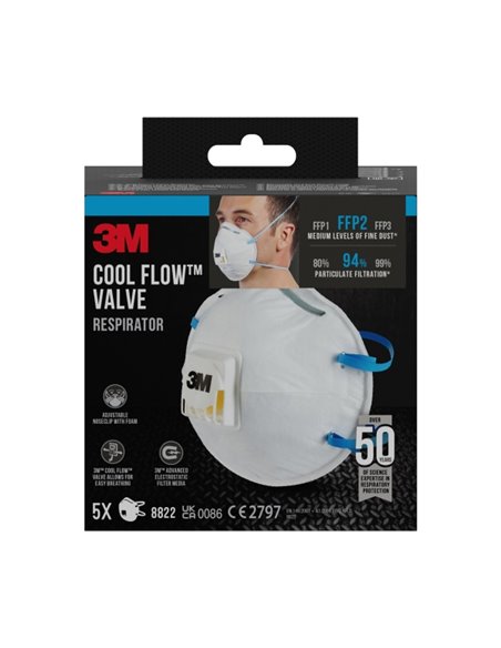3M Pack de 5 Mascarillas Pour Particulas FFP2 - Desechable - Avec Valvula - Pour Niveles Medios de Particulas - Couleur Blanc