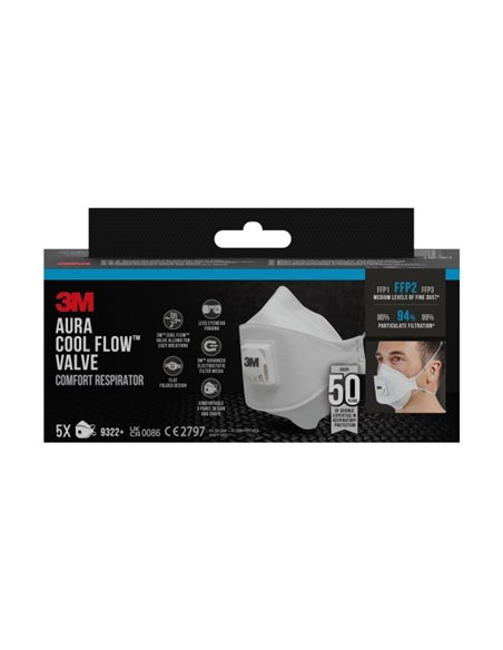 3M Aura Comfort Cool Flow Pack de 5 Mascarillas Pour Particulas FFP2 - Desechable - Avec Valvula - Pour Niveles Medios de Partic