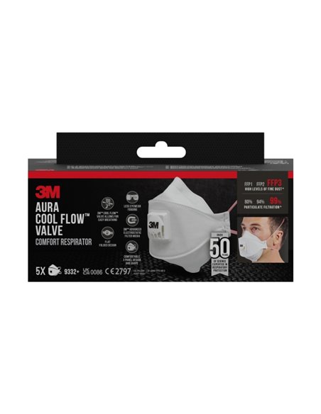 3M Aura Comfort Cool Flow Pack de 5 Mascarillas Pour Particulas FFP3 - Desechable - Avec Valvula - Pour Hautes Niveles de Partic