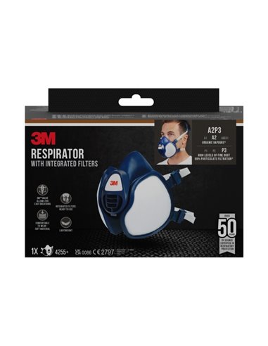 3M Mascarilla de Media Face - Filtros Integrados - Protection Contra Vapores Organicos - Reutilizable - Couleur Blanc/Bleu
