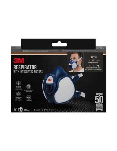 3M Mascarilla de Media Face - Filtros Integrados - Protection Contra Vapores Organicos - Reutilizable - Couleur Blanc/Bleu