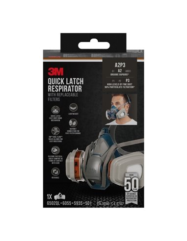 3M Mascarilla de Media Face - Fermeture Rapide - Filtros Reemplazables - Couleur Gris