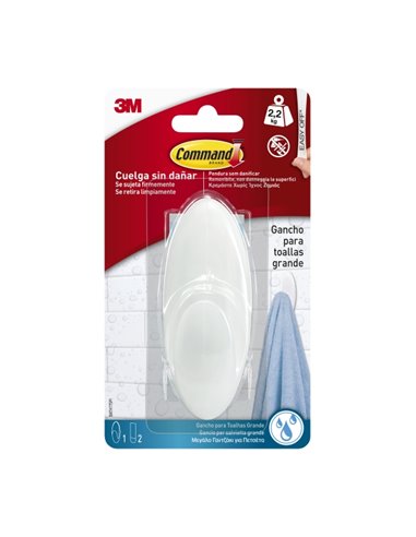 Command Gancho Grande Pour Toallas - Résistant à l'eau - 1 Tira Adhesiva - Supporte jusqu'à 2.2kg - Couleur Blanc