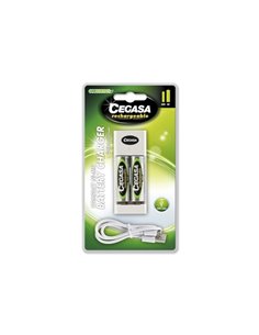 Cegasa Rechargeable Pack Avec Cargador Compact de Pilas et Câble USB + 2 Pilas Recargables AA HR6 2000mAh - Cargador Adapté Pour