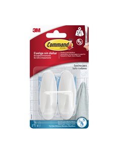 Command Pack de 2 Ganchos Medianos Pour Aseo - Résistant à l'eau - 4 Tiras Adhesivas - Supporte jusqu'à 1.3kg - Couleur Blanc