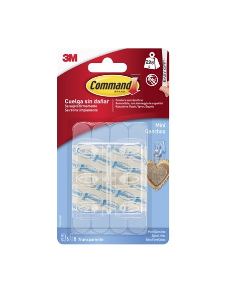 Command Mini Pack de 6 Ganchos - 8 Tiras Adhesivas - Soportan Jusqu'à 225G - Couleur Transparent