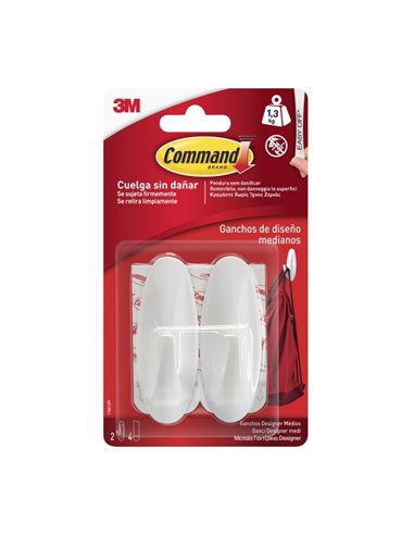 Command Pack de 2 Ganchos Medianos - 4 Tiras Adhesivas - Supporte jusqu'à 1.3kg - Couleur Blanc