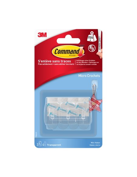 Command Mini Pack de 3 Ganchos - 4 Tiras Adhesivas - Soportan Jusqu'à 225G - Couleur Transparent