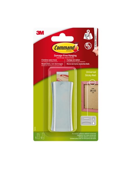 Command Universal Support Adhésif Avec Clavo Pour Colgar - 1 Tira Adhesiva - Supporte jusqu'à 2.2kg - Couleur Gris Métallisé