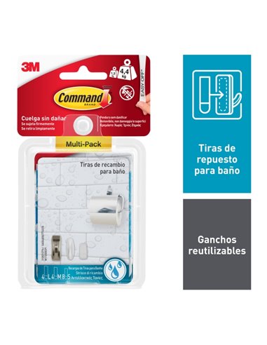 Command Pack de 16 Tiras Adhesivas de Repuesto - Formatos Assortis - Résistant à l'eau - Couleur Bleu