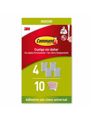 Command Universal Support Adhésif Avec Clavo Pour Colgar - 4 Ganchos - 10 Tiras - Grande - Supporte jusqu'à 3.6kg - Couleur Gris