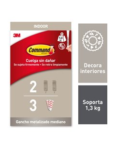 Command Pack de 2 Ganchos Medianos - 3 Tiras Adhesivas - Supporte jusqu'à 1.3kg - Couleur Niquel