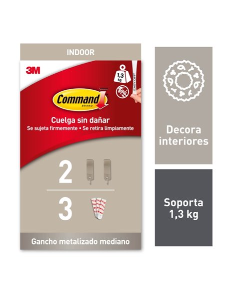 Command Pack de 2 Ganchos Medianos - 3 Tiras Adhesivas - Supporte jusqu'à 1.3kg - Couleur Niquel