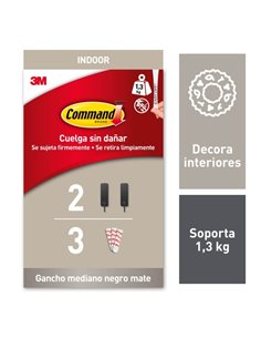 Command Pack de 2 Ganchos Medianos - 3 Tiras Adhesivas - Supporte jusqu'à 1.3kg - Couleur Noir Mate