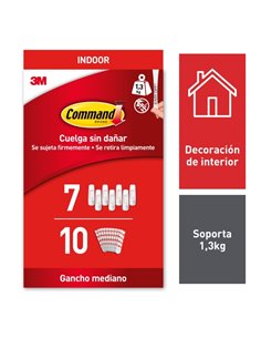 Command Pack de 7 Ganchos Medianos - 10 Tiras Adhesivas - Usage en Intérieur - Supporte jusqu'à 1.3kg - Couleur Blanc