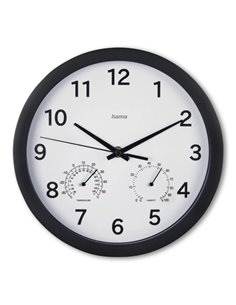 Hama Malta Reloj de Pared Analogico - Termometro - Higrometro - Silencioso - Funciona Avec 1 Pila AA - 25x4cm - Couleur Noir