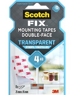 Scotch-Fix Pack de 8 Tiras de Montaje de Double face Transparentes - 25x76mm - Couleur Transparent