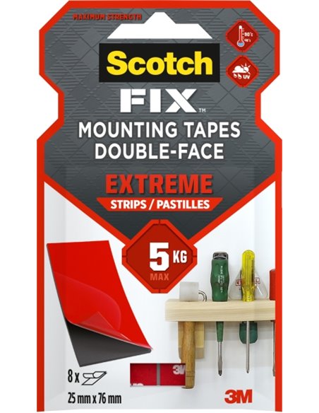 Scotch-Fix Pack de 8 Tiras de Montaje Extremo de Double face - 25x76mm - Couleur Noir