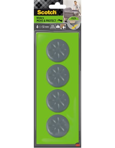 Scotch Move and Protect Flex Pack de 4 Patines Deslizantes Adhesivos - Diametro de 50mm - Supporte jusqu'à 400kg - Couleur Gris