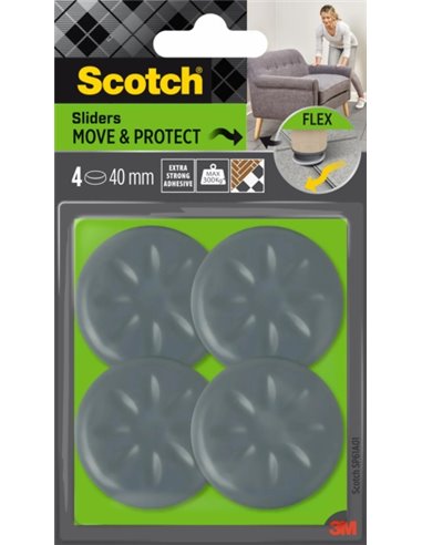 Scotch Move and Protect Flex Pack de 4 Patines Deslizantes Adhesivos - Diametro de 40mm - Supporte jusqu'à 300kg - Couleur Gris