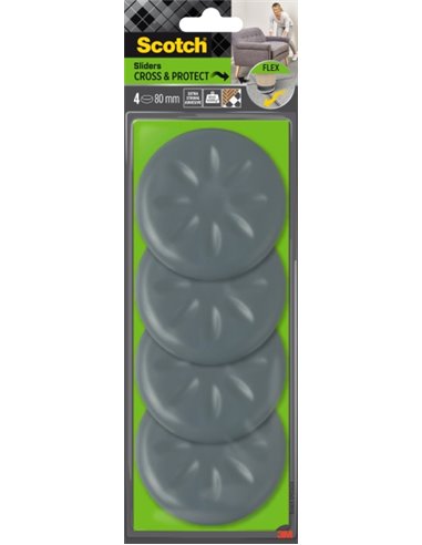 Scotch Move and Protect Flex Pack de 4 Patines Deslizantes Adhesivos - Diametro de 80mm - Supporte jusqu'à 600kg - Couleur Gris